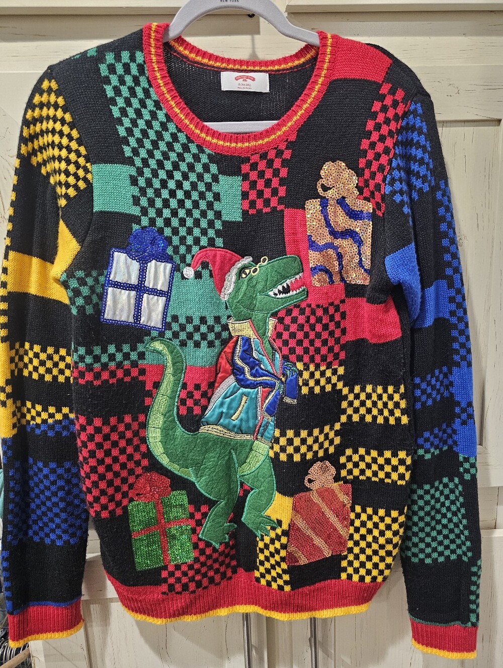 Holiday Time Black Multicolor Novelty Dinosaur Crewneck Sweater